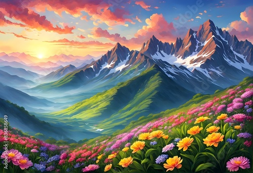 Mountains during flowers blossom and sunrise, Generative AI photo