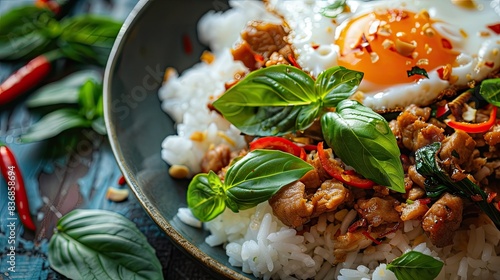 Delicious Pad Krapow Moo Krob with steam rice, crispy pork, Holy Basil, and fried egg on top, macro shot photo