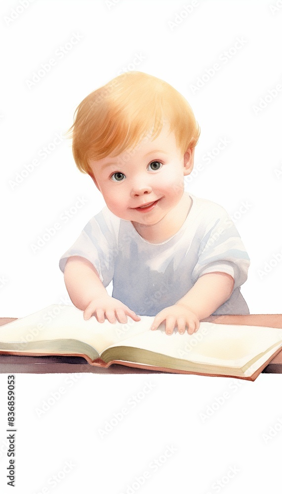 A cute baby with blonde hair looking at a book. A charming image for a children's story or educational material. A cute baby with blonde hair looking at a book. A charming image for a children's story or educational material.