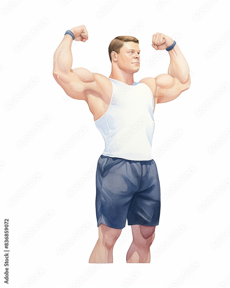 A muscular man in a white tank top and blue shorts flexing his biceps. A muscular man in a white tank top and blue shorts flexing his biceps.