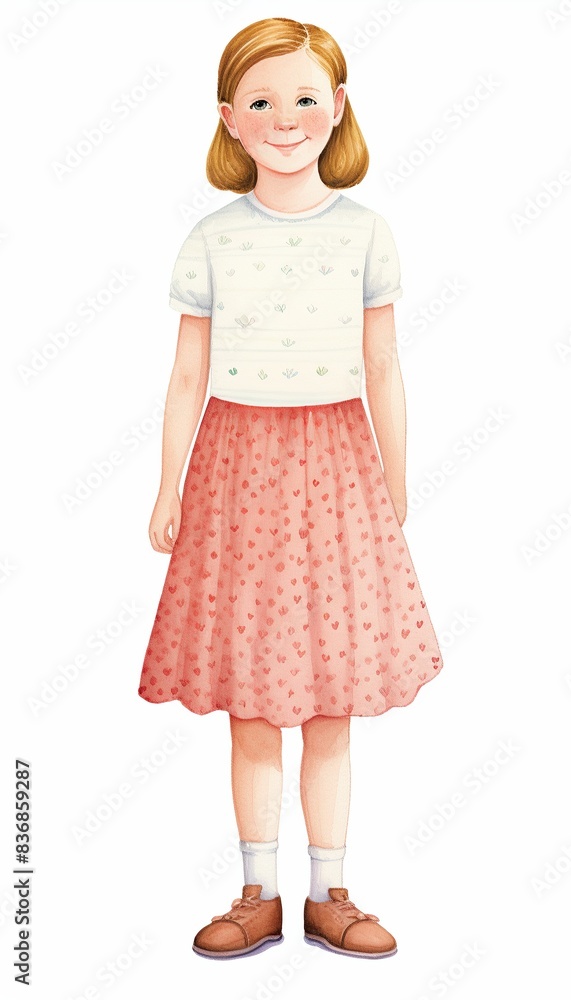 A young girl with blonde hair wearing a white shirt, a red polka dot skirt, white socks, and brown shoes stands smiling. A young girl with blonde hair wearing a white shirt, a red polka dot skirt, white socks, and brown shoes stands smiling.