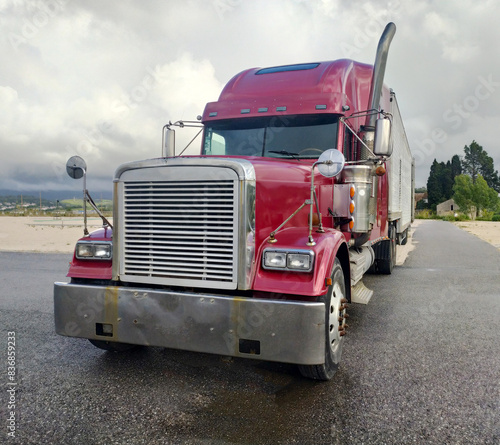 Cuadro en lienzo Red Semi Truck Parked on Side of Road