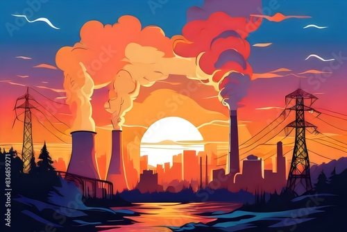 A factory chimney spewing black smoke into the sky darkening a city conceptual illustration of industrial pollution contributing to air quality degradation and climate change. photo