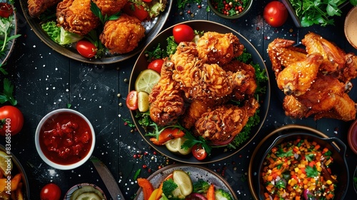 Golden crispy fried chicken surrounded by vibrant side dishes on a table, dark background with sparkling highlights