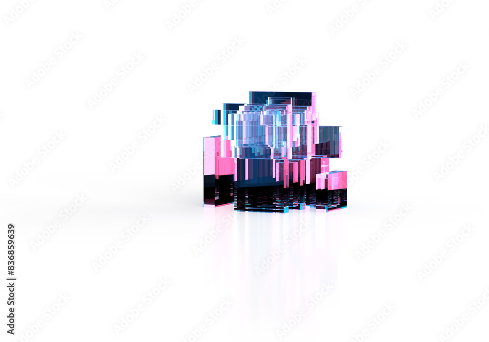 A glass, transparent, abstract cube. Pink, blue light. 3d rendering on the theme of design, minimalism, business, work, architecture and technology. An illustration for a dark background. A glass, transparent, abstract cube. Pink, blue light. 3d rendering on the theme of design, minimalism, business, work, architecture and technology. An illustration for a dark background.