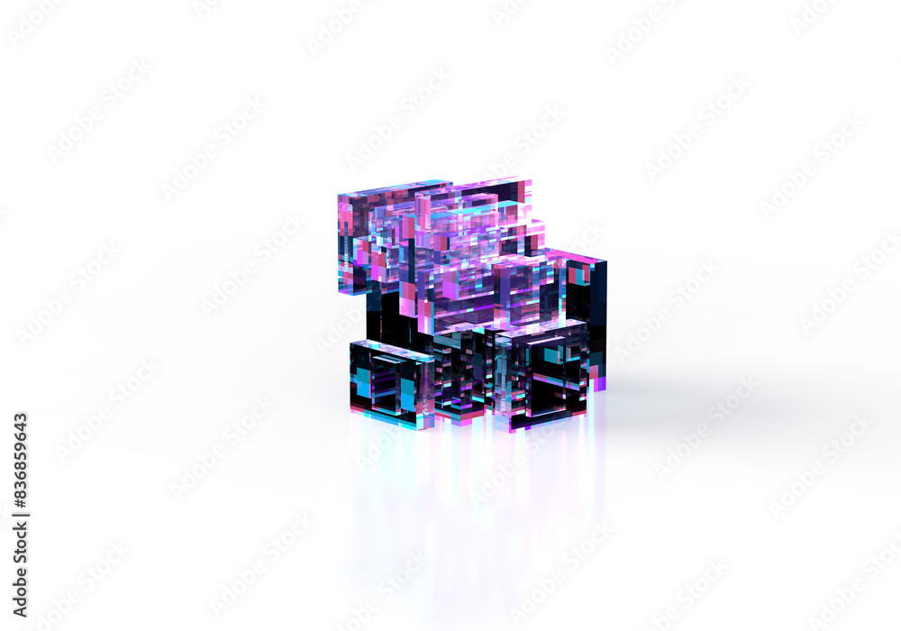 A glass, transparent, abstract cube. Purple, blue light. 3d rendering on the theme of design, minimalism, business, work, architecture and technology. An illustration for a dark background.