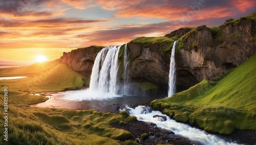 waterfall at sunset