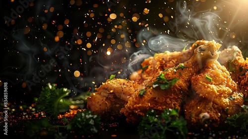 Golden crispy fried chicken with fresh herbs and spices on a dark backdrop  illuminated with sparkling light