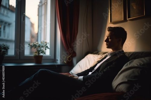 pensive man sitting on sofa and looking through window