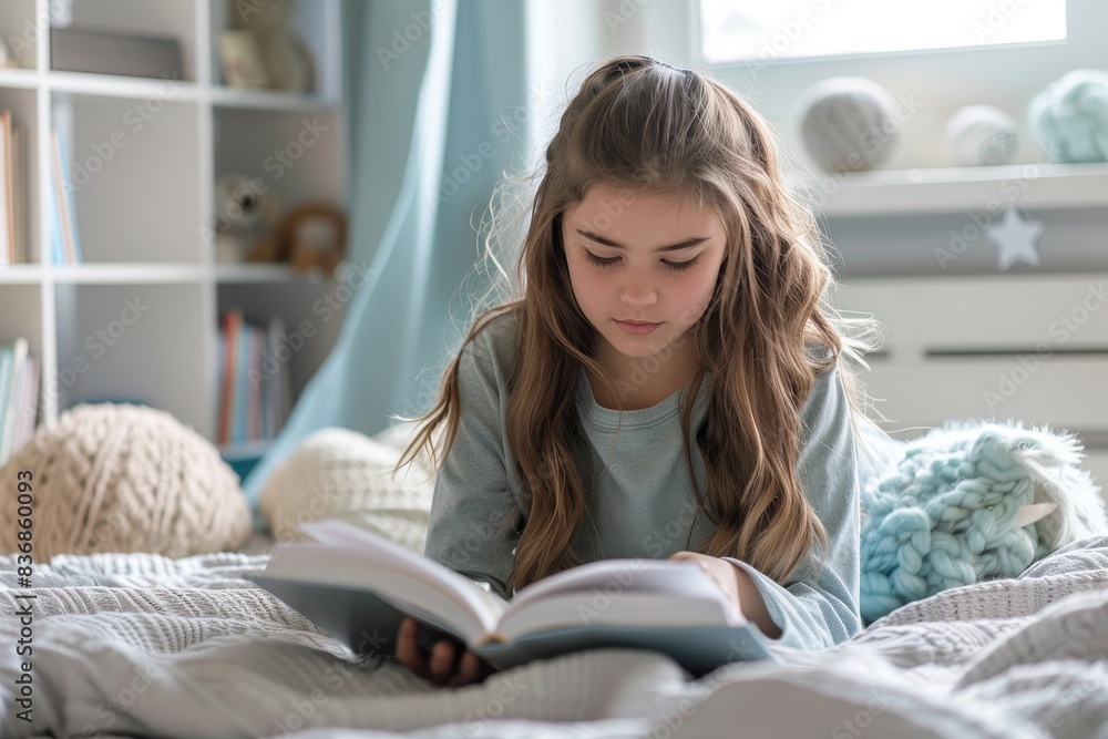 Young Girl Relaxing On Bed Reading Book, Cozy Atmosphere, Soft Lighting Young Girl Relaxing On Bed Reading Book, Cozy Atmosphere, Soft Lighting