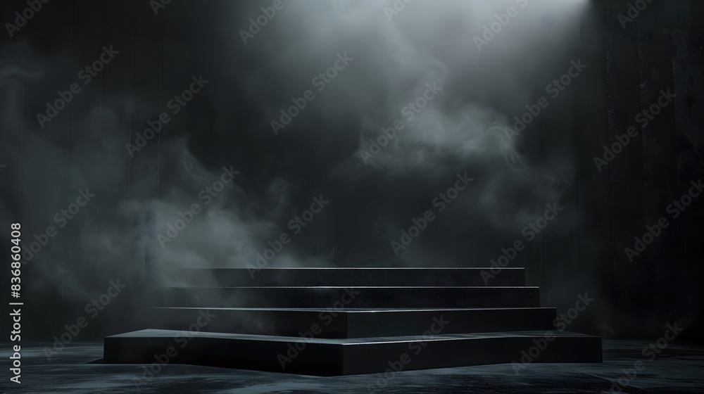 A dark, smoky scene with a staircase in the middle. The staircase is made of black blocks and is surrounded by a foggy atmosphere A dark, smoky scene with a staircase in the middle. The staircase is made of black blocks and is surrounded by a foggy atmosphere