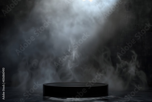 A black podium with smoke and steam surrounding it. Scene is eerie and mysterious
