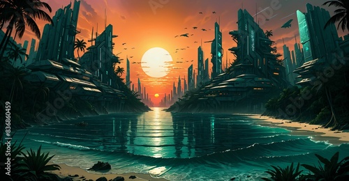 sci-fi lo-fi futuristic city skyscraper buildings along ocean tropical beach shore under sun clouds and sunset at night in summer. seashore water waves reflection of cityscape landscape. photo
