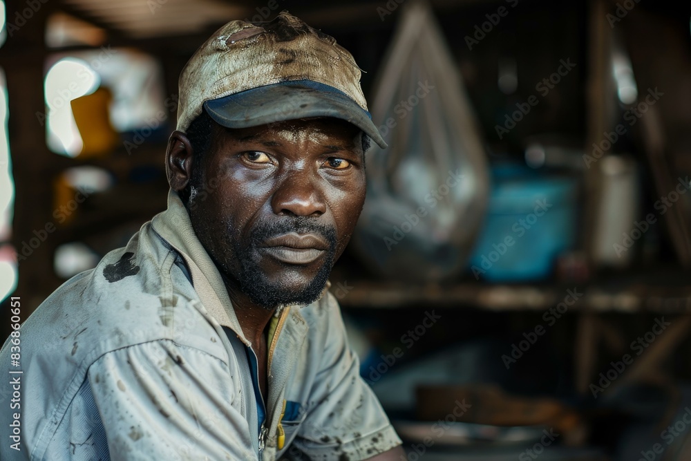 Closeup of a contemplative man wearing a cap, with a blurred workshop background Closeup of a contemplative man wearing a cap, with a blurred workshop background