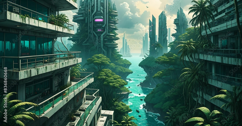 Fototapeta premium futuristic tropical city buildings balcony view from skyscraper over ocean seashore water sunset night. overgrown exterior terrace over the sea under sun and clouds. wallpaper background.