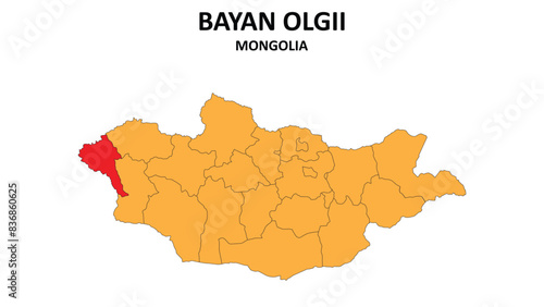 Bayan Olgii Map in Mongolia. Vector Map of Mongolia. Regions map of Mongolia.