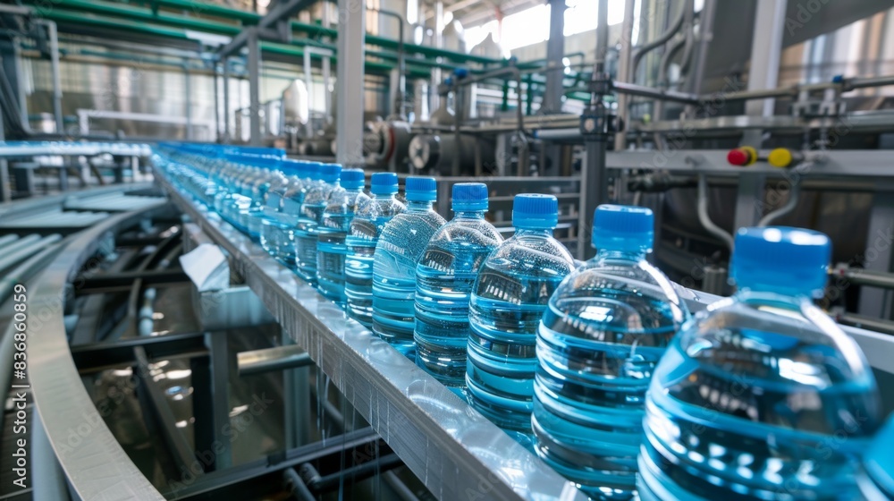 Fototapeta premium Conveyor belt with plastic water bottles in a bottling plant, showcasing industrial production and packaging machinery.