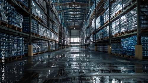 Industrial warehouse interior with tall shelving units stocked with bottled water and other goods  reflecting on polished floor.