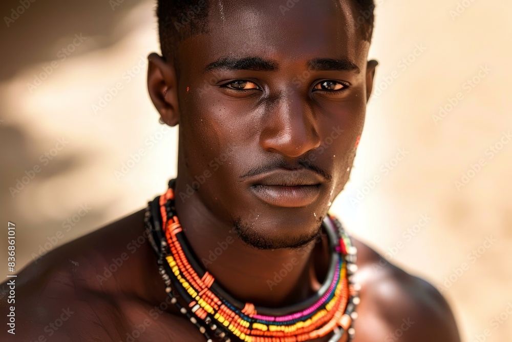 Closeup of a serenelooking young man wearing a colorful traditional beaded necklace Closeup of a serenelooking young man wearing a colorful traditional beaded necklace