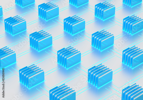 The pattern of folders of the computer's operating system and the electricity line. The color is blue. 3d render on the topic of IT, PC, applications, development, code. Grey background.