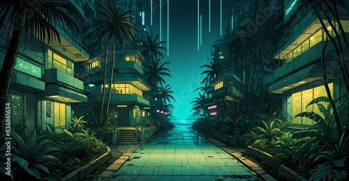 cyberpunk lo-fi sci-fi tropical city street with palm trees and buildings. narrow town road by the beach at sundown sea sunset in summer. landscape cityscape wallpaper background