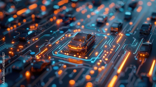 A car is on a circuit board with many other cars