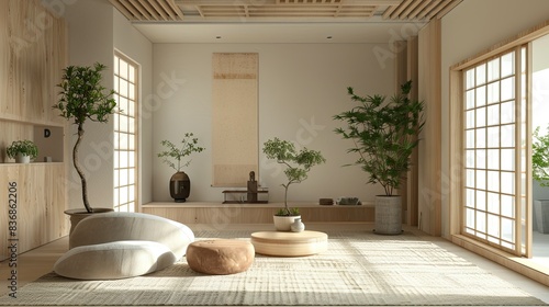 Minimalist Japandi living room with wood accents, indoor plants, soft carpet, warm neutral palette, perfect for relaxation © chanidapa