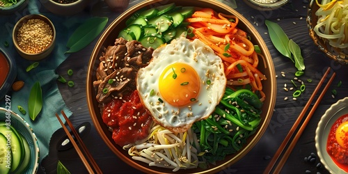 A bowl of food with a fried egg and vegetables. The bowl is on a table with chopsticks and other food items
