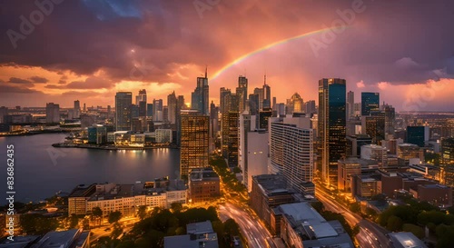 Panama City Skyline at Sunset With Rainbow