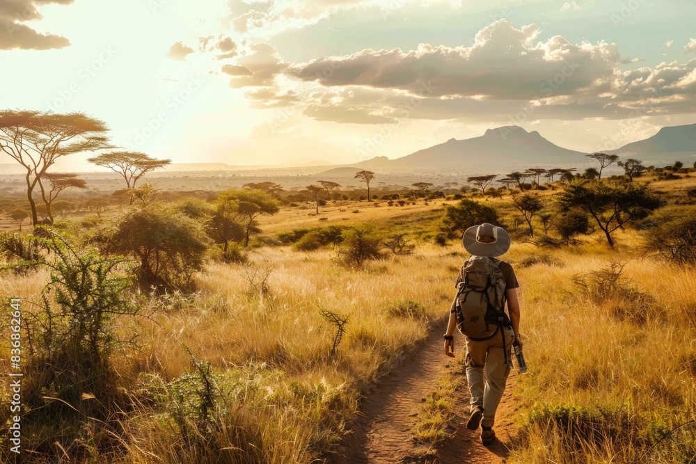 Solo traveler hiking in the african savannah landscape, illuminated by the golden sunset light Solo traveler hiking in the african savannah landscape, illuminated by the golden sunset light