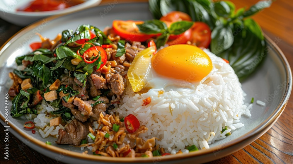 Pad Krapow Moo Krob with steam rice, Holy Basil, crispy pork, and a fried egg, macro digital photography, beautifully plated Pad Krapow Moo Krob with steam rice, Holy Basil, crispy pork, and a fried egg, macro digital photography, beautifully plated