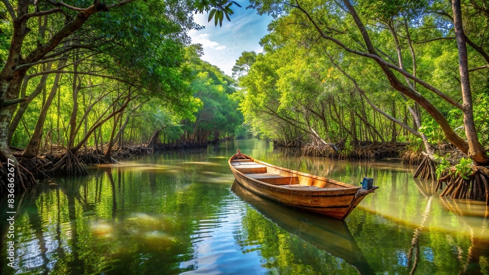 Tranquil mangrove forest with a traditional wooden boat for nature exploration and eco-tourism