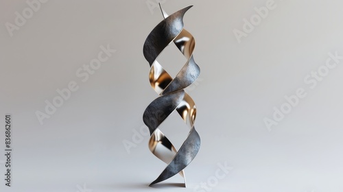 Modern, abstract sculpture with a twisted, helical form. The sculpture has a glossy finish with a gradient of colors from dark at the bottom to a golden hue at the top