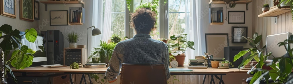 Peaceful and efficient home office scene, person working diligently, surrounded by a lightfilled, inspiring setup Peaceful and efficient home office scene, person working diligently, surrounded by a lightfilled, inspiring setup
