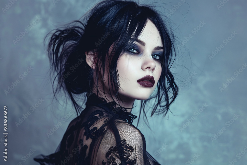 Fototapeta premium Young pale woman in gothic style in front of blue studio background