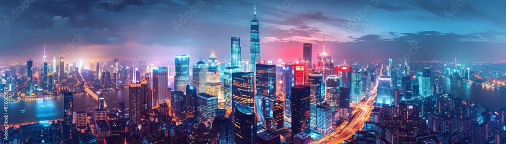 Fototapeta premium Hightech urban skyline, shimmering under a night sky, bustling with activity and futuristic architecture, vibrant and alive