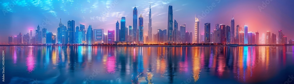 Fototapeta premium Neonlit future city, ethereal skyline reflected in tranquil waters, modern marvel of urban planning and design