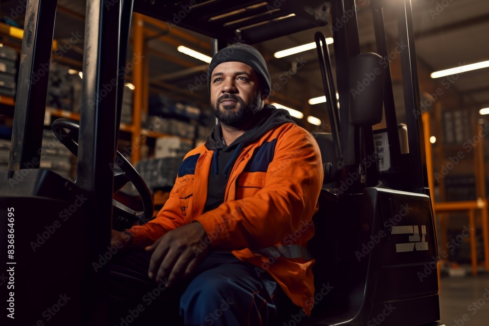 portrait of steel worker sitting on forklift