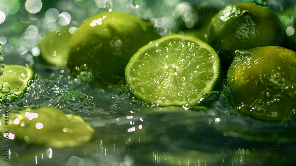 A captivating image of limes splashing in water, highlighting their vibrant green color and freshness. The dynamic motion and clear water emphasize the juicy nature of limes A captivating image of limes splashing in water, highlighting their vibrant green color and freshness. The dynamic motion and clear water emphasize the juicy nature of limes