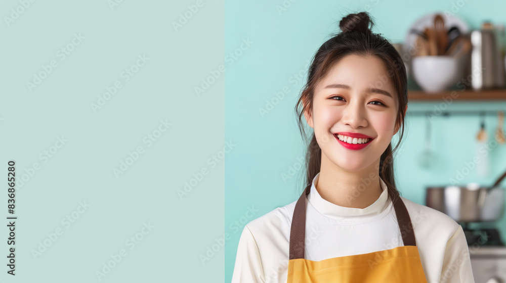 A woman with a yellow apron is smiling and posing for a picture. banner image background, on the right side of the banner, an attractive korean woman smiling, with cooking clothes, simple background A woman with a yellow apron is smiling and posing for a picture. banner image background, on the right side of the banner, an attractive korean woman smiling, with cooking clothes, simple background