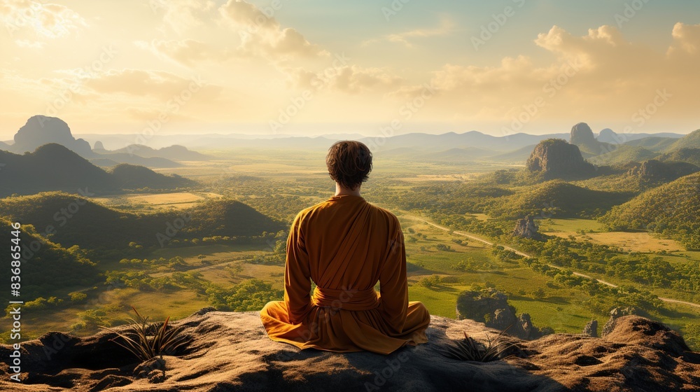 A seeker in a plain orange shirt meditating on a hilltop, with a panoramic view of the countryside below  