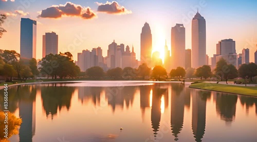 Stunning Sunrise Over Atlanta Skyline Reflected in Lake