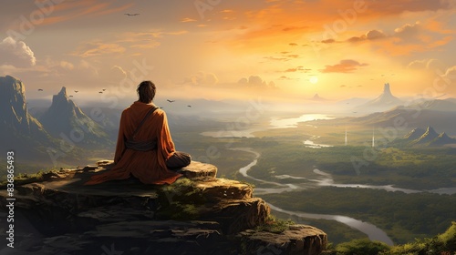 A seeker in a plain orange shirt meditating on a hilltop, with a panoramic view of the countryside below 