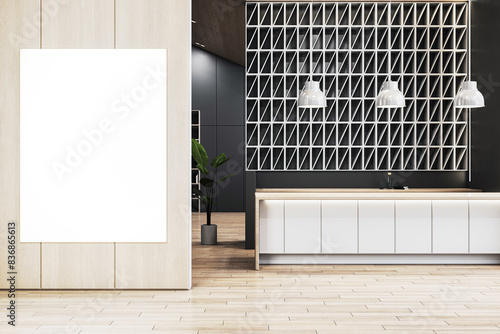 Fototapeta Naklejka Na Ścianę i Meble -  A blank canvas frame template within an interior setting featuring a counter and geometric wall pattern, on a wooden floor background, concept of display. 3D Rendering