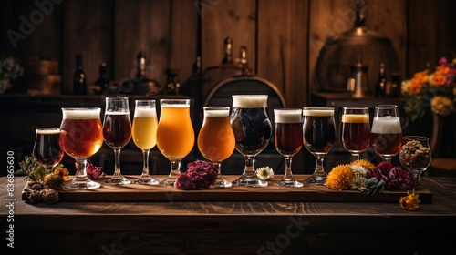 A selection of craft beers in various types of glasses, displayed on a wooden table  photo
