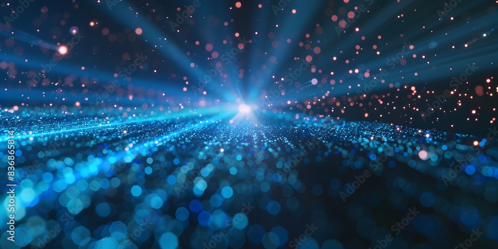Blue glowing light beam with particles and lines on a black background, depicting a data transfer concept
Blue glowing light beam with particles and lines on a black background, depicting a data transfer concept