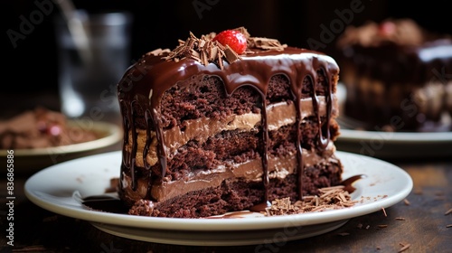 A sinful slice of triple chocolate fudge cake, boasting layers of moist cake and rich ganache   photo