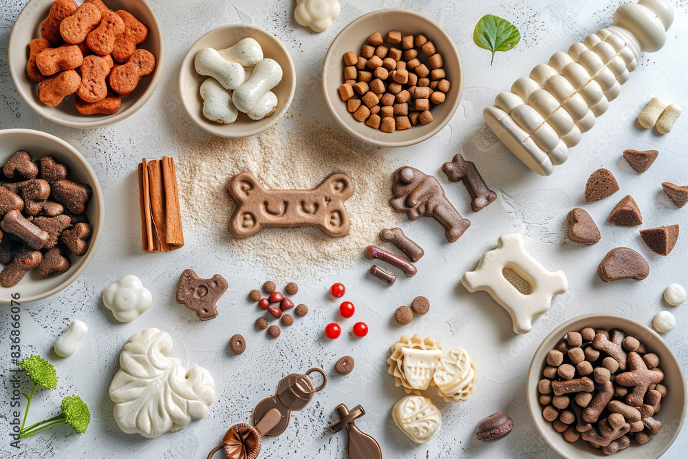 Different shaped pet accessories and food on a light isolated background Different shaped pet accessories and food on a light isolated background