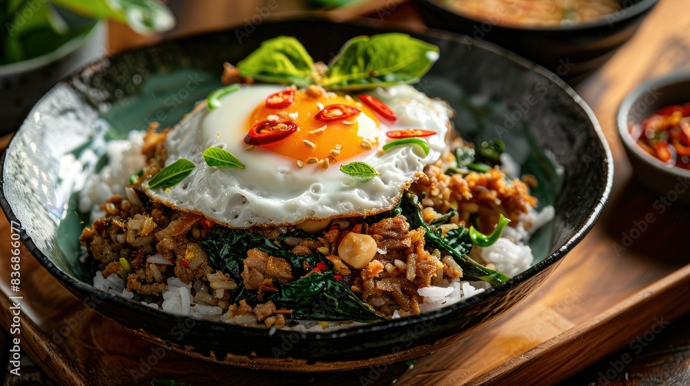 Yummy Pad Krapow Moo Krob, steam rice with crispy pork, Holy Basil, topped with a fried egg, macro photography Yummy Pad Krapow Moo Krob, steam rice with crispy pork, Holy Basil, topped with a fried egg, macro photography