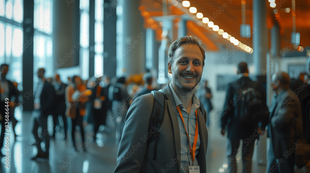 A happy participant in an industrial exhibition. A man in a jacket and carrying a backpack is smiling in a crowded hallway A happy participant in an industrial exhibition. A man in a jacket and carrying a backpack is smiling in a crowded hallway